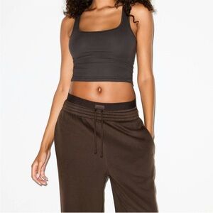 SKIMS COTTON FLEECE OVERSIZED DOUBLE WAISTBAND BOXER PANTS DARK SEPIA